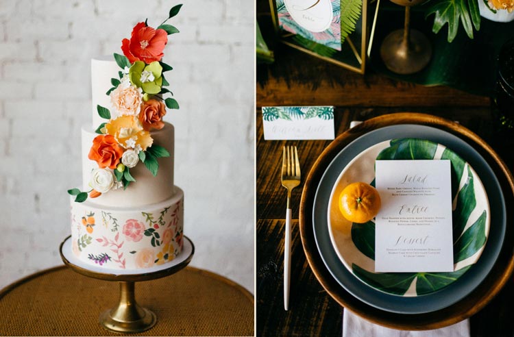 Decoração de casamento tropical e cheia de personalidade, com mix de flores coloridas, móveis de madeira, toalhas estampadas, louças vintage e flamingos!