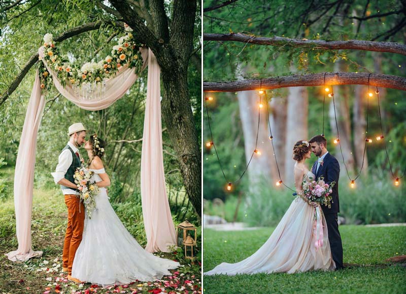 Casamento ao ar livre: Inspirações para decorar o altar da cerimônia - tecido e varal de luz